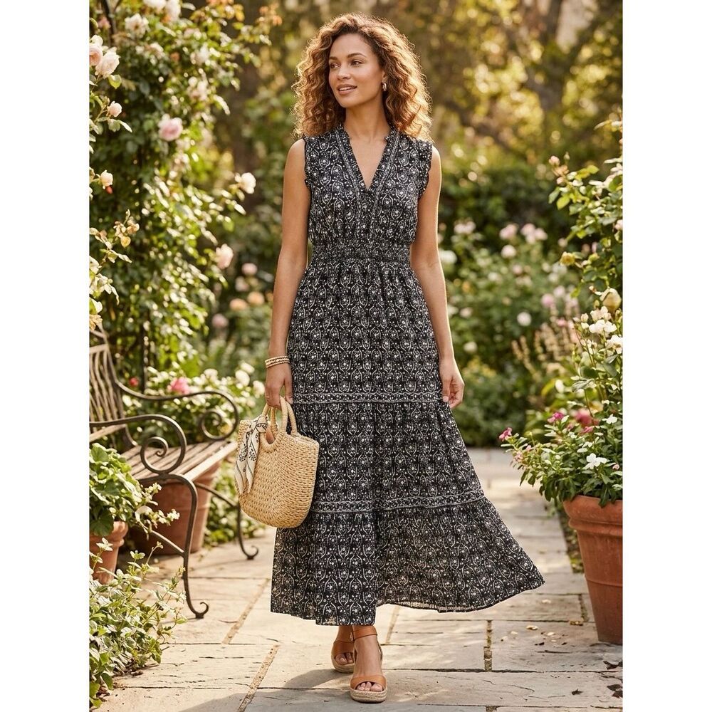 Max Studio Sleeveless Smocked Floral Print Tiered Maxi Dress Size L